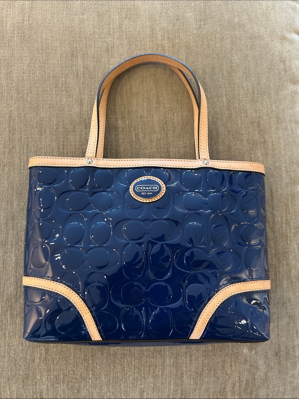 Coach Navy Patent Tote with Tan Trim